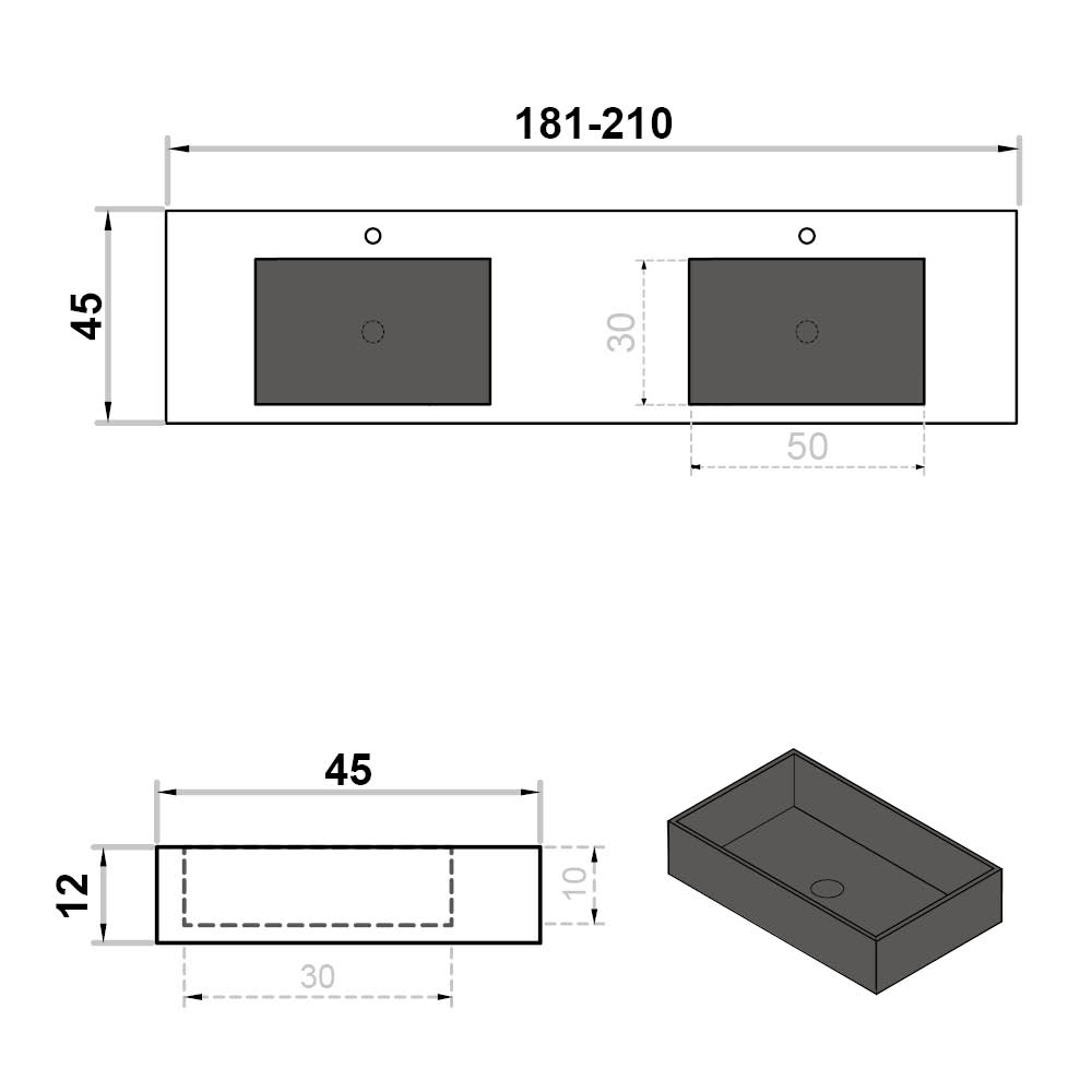 Wastafel (102) dubbel rechthoek + kraangat grijs 181-210/45/