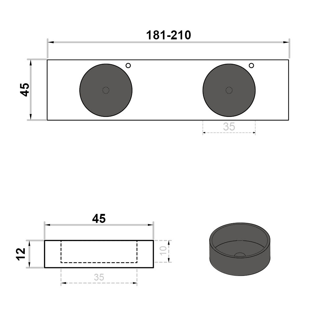 Wastafel (102) dubbel rond + kraangat grijs 181-210/45/12