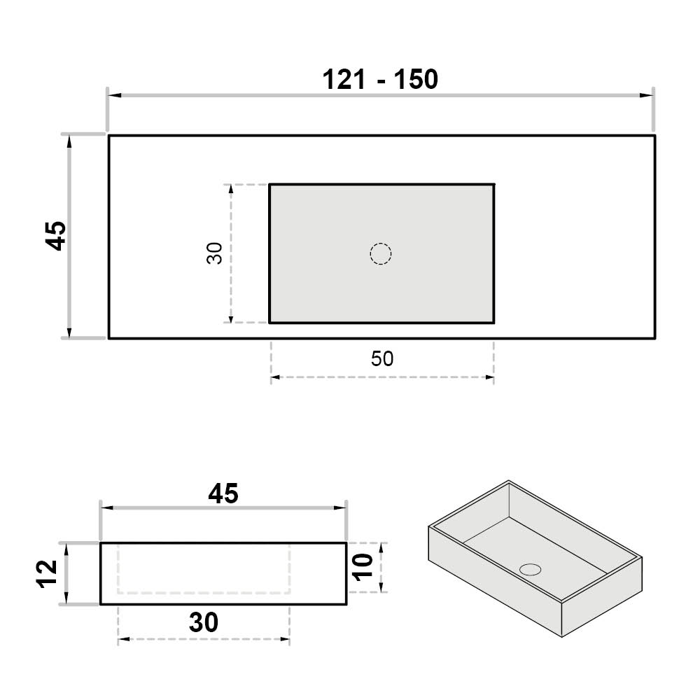 Wastafel (102) enkel rechthoek - kraangat wit 121-150/45/12