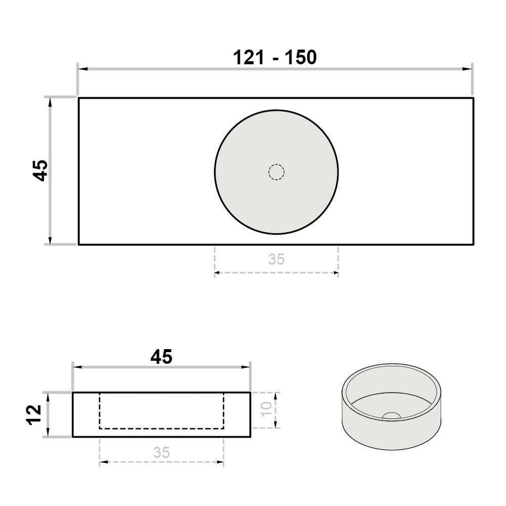Wastafel (102) enkel rond - kraangat wit 121-150/45/12