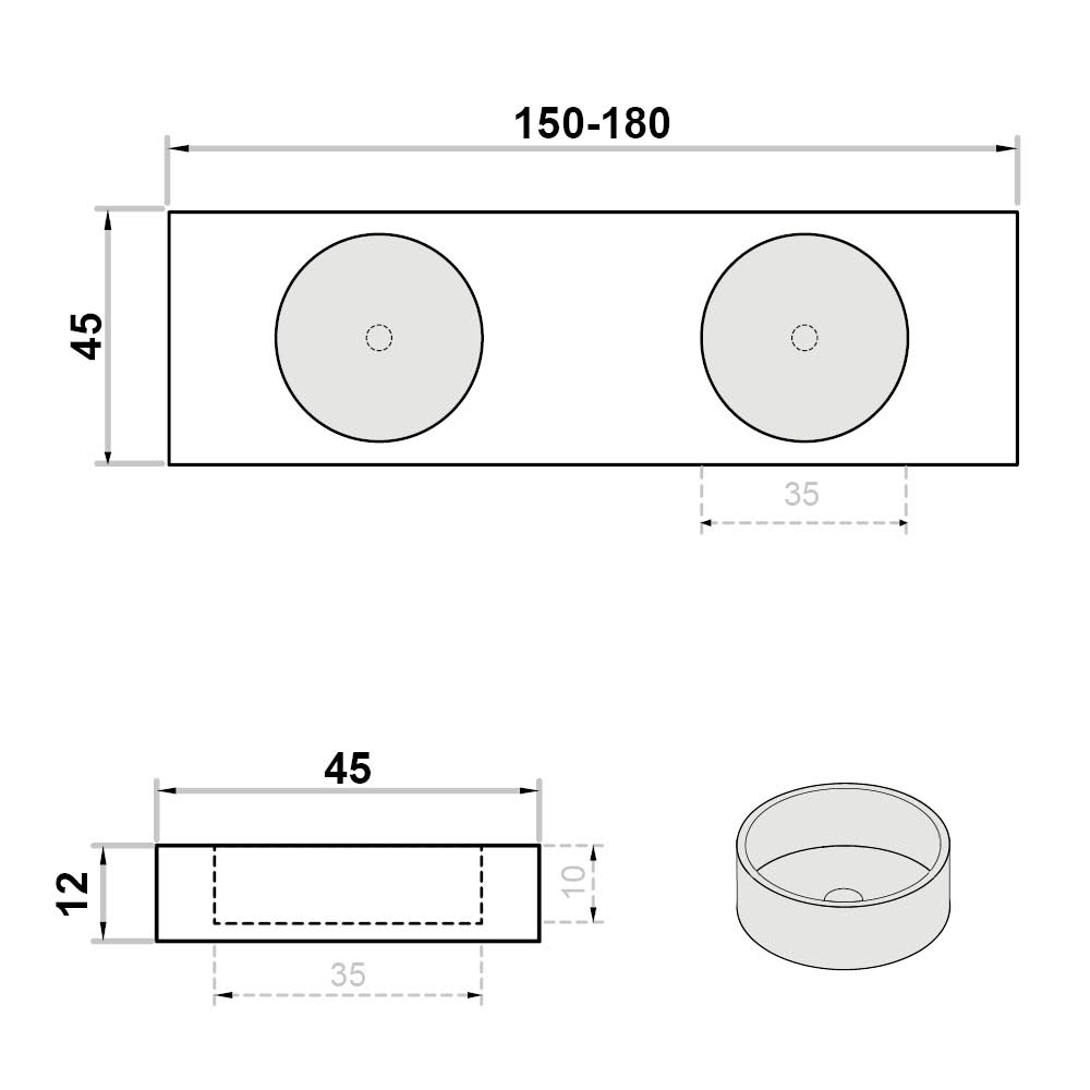 Wastafel (102) dubbel rond - kraangat wit 150-180/45/12